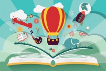 imagination concept open book with air balloon rocket and airplane flying out vector
